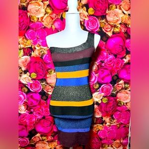 Missoni black and multicolor metallic strapless one shoulder bandage dress.